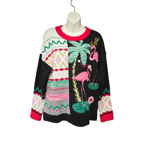 30 degrees Large Christmas Sweater Flamingos Holiday Santa Hat Sequins Party - Picture 1 of 13